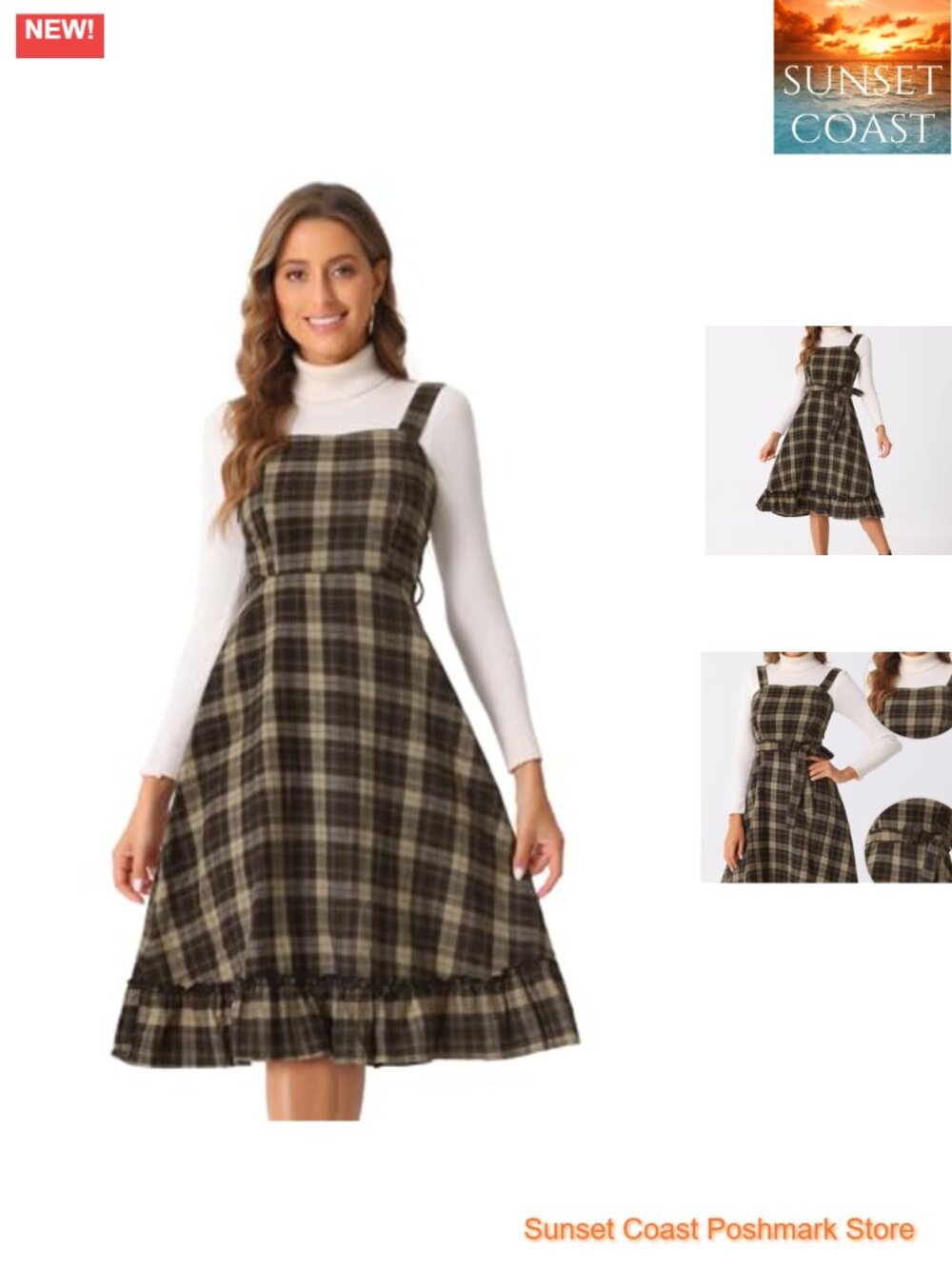 Allegra K Plaid A-Line Midi Dress Square Neck Ruffled Hem Sleeveless